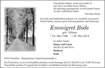 Todesanzeige von Emmigret Bode von Westfälische Nachrichten