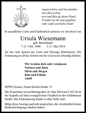 Todesanzeige von Ursula Wiesemann von Westfälische Nachrichten