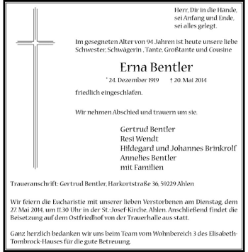 Todesanzeige von Erna Bentler von Westfälische Nachrichten