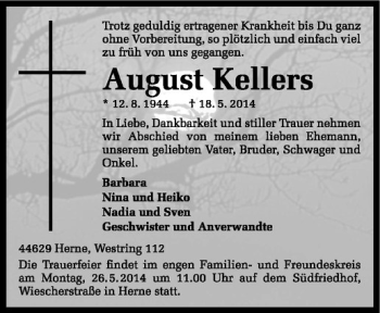 Todesanzeige von August Kellers von Westfälische Nachrichten