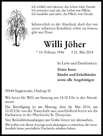 Todesanzeige von Willi Jöher von Westfälische Nachrichten
