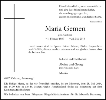 Todesanzeige von Maria Gemen geb. von Westfälische Nachrichten