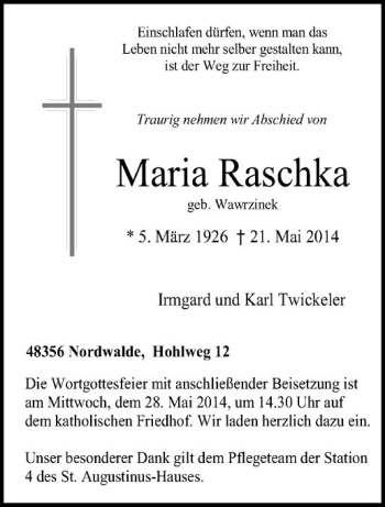 Todesanzeige von Maria Raschka von Westfälische Nachrichten