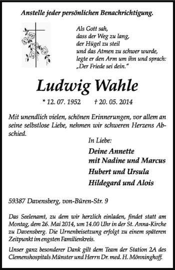 Todesanzeige von Ludwig Wahle von Westfälische Nachrichten
