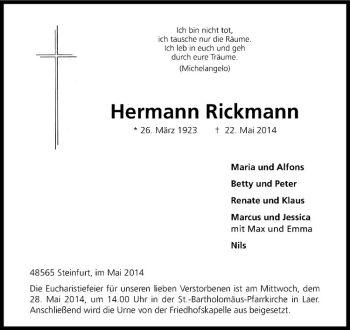 Todesanzeige von Hermann Rickmann von Westfälische Nachrichten