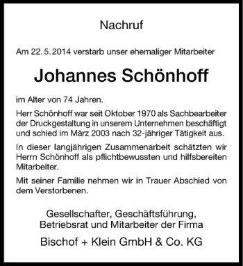 Todesanzeige von Johannes Schönhoff von Westfälische Nachrichten