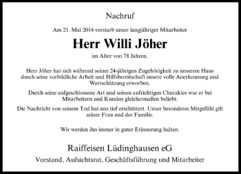 Todesanzeige von Willi Jöher von Westfälische Nachrichten