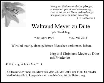 Todesanzeige von Waltraud Meyer zu Düte von Westfälische Nachrichten