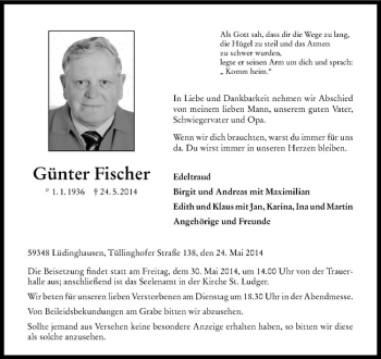Todesanzeige von Günter Fischer von Westfälische Nachrichten