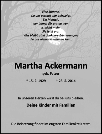 Todesanzeige von Martha Ackermann von Westfälische Nachrichten