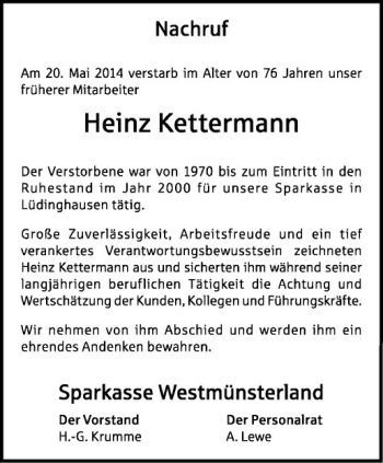 Todesanzeige von Heinz Kettermann von Westfälische Nachrichten