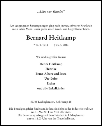 Todesanzeige von Bernard Heitkamp von Westfälische Nachrichten