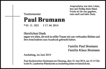 Todesanzeige von Paul Brumann von Westfälische Nachrichten