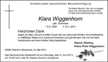 Todesanzeige von Klara Wiggenhorn von Westfälische Nachrichten