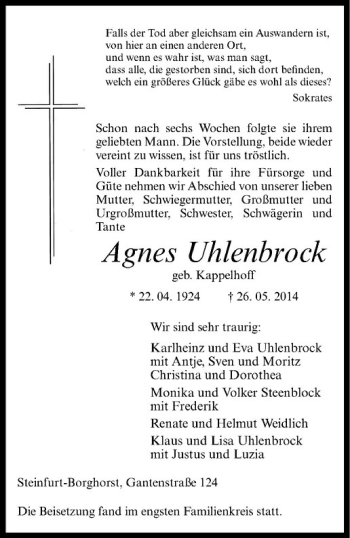 Todesanzeige von Agnes Uhlenbrock von Westfälische Nachrichten