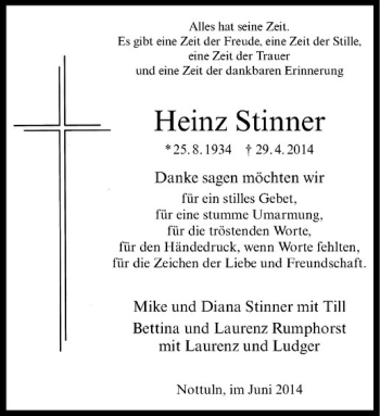 Todesanzeige von Heinz Stinner von Westfälische Nachrichten