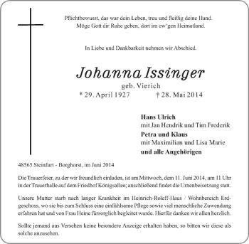 Todesanzeige von Johanna Issinger von Westfälische Nachrichten