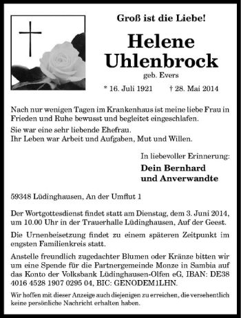 Todesanzeige von Helene Uhlenbrock von Westfälische Nachrichten