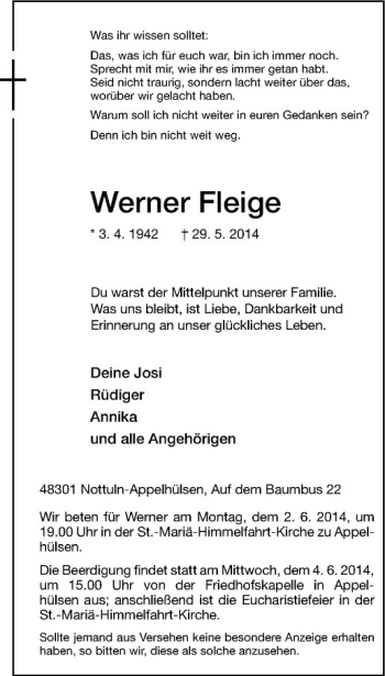 Todesanzeige von Werner Fleige von Westfälische Nachrichten