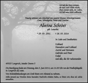 Todesanzeige von Alwine Schröer von Westfälische Nachrichten
