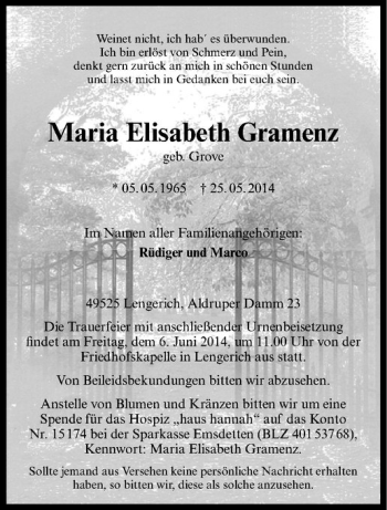 Todesanzeige von Maria Elisabeth Gramenz von Westfälische Nachrichten