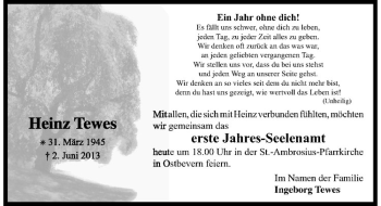 Todesanzeige von Heinz Tewes von Westfälische Nachrichten