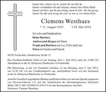 Todesanzeige von Clemens Westhues von Westfälische Nachrichten