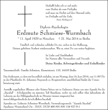 Todesanzeige von Erdmute Schmiese-Wurmbach von Westfälische Nachrichten