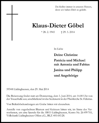 Todesanzeige von Klaus-Dieter Göbel von Westfälische Nachrichten