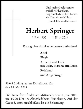 Todesanzeige von Herbert Springer von Westfälische Nachrichten