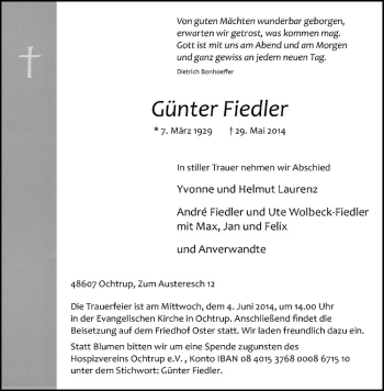 Todesanzeige von Günter Fiedler von Westfälische Nachrichten