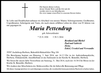 Todesanzeige von Maria Pettendrup von Westfälische Nachrichten