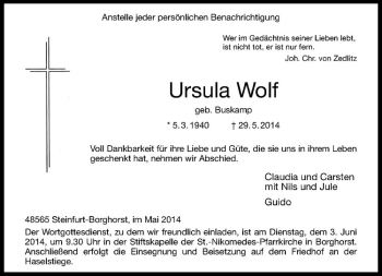 Todesanzeige von Ursula Wolf von Westfälische Nachrichten