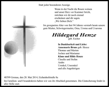 Todesanzeige von Hildegard Henze von Westfälische Nachrichten