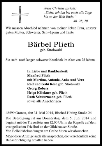 Todesanzeige von Bärbel Plieth von Westfälische Nachrichten