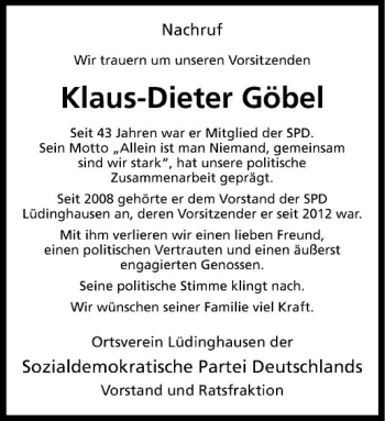 Todesanzeige von Klaus-Dieter Göbel von Westfälische Nachrichten