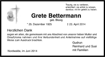 Todesanzeige von Grete Bettermann von Westfälische Nachrichten