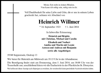 Todesanzeige von Heinrich Willmer von Westfälische Nachrichten