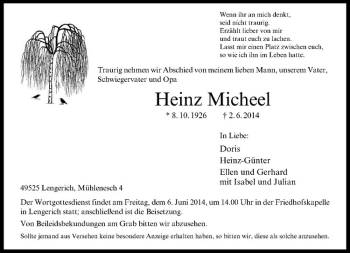 Todesanzeige von Heinz Micheel von Westfälische Nachrichten