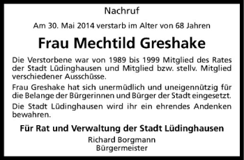 Todesanzeige von Mechtild Greshake von Westfälische Nachrichten