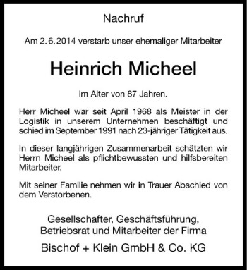 Todesanzeige von Heinrich Micheel von Westfälische Nachrichten