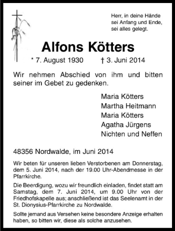 Todesanzeige von Alfons Kötters von Westfälische Nachrichten