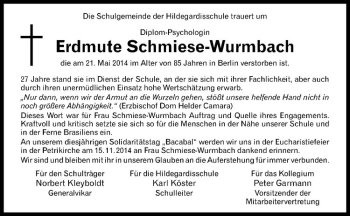 Todesanzeige von Erdmute Schmiese-Wurmbach von Westfälische Nachrichten