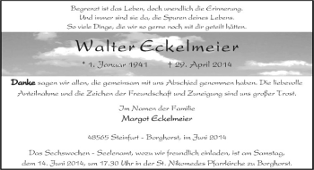 Todesanzeige von Walter Eckelmeier von Westfälische Nachrichten