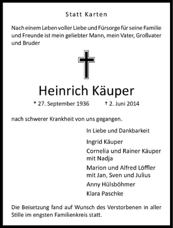 Todesanzeige von Heinrich Käuper von Westfälische Nachrichten