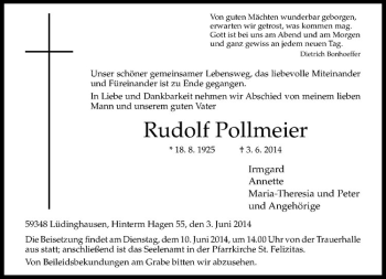 Todesanzeige von Rudolf Pollmeier von Westfälische Nachrichten