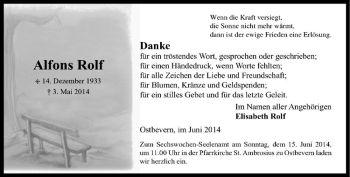 Todesanzeige von Alfons Rolf von Westfälische Nachrichten