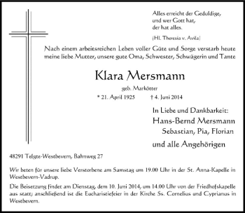 Todesanzeige von Klara Mersmann von Westfälische Nachrichten