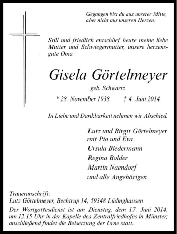 Todesanzeige von Gisela Görtelmeyer von Westfälische Nachrichten