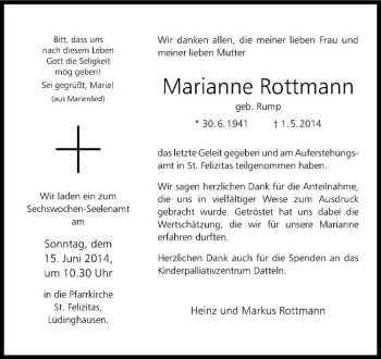 Todesanzeige von Marianne Rottmann von Westfälische Nachrichten